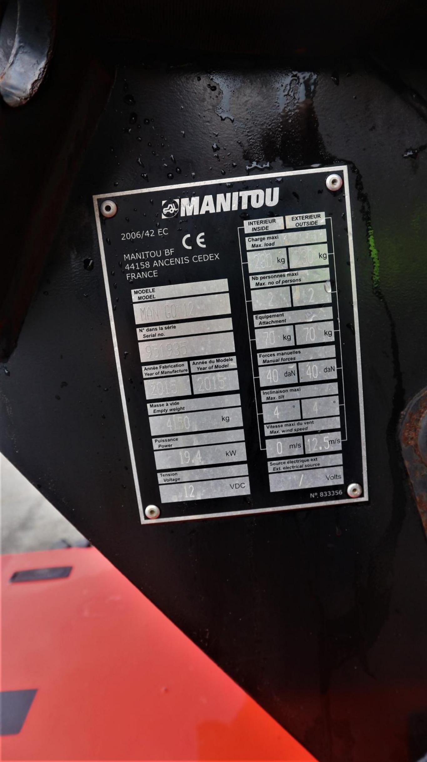 Manitou Man GO 12 lift - 2015 mod - Sertifisert 02/23 - 751 timer
